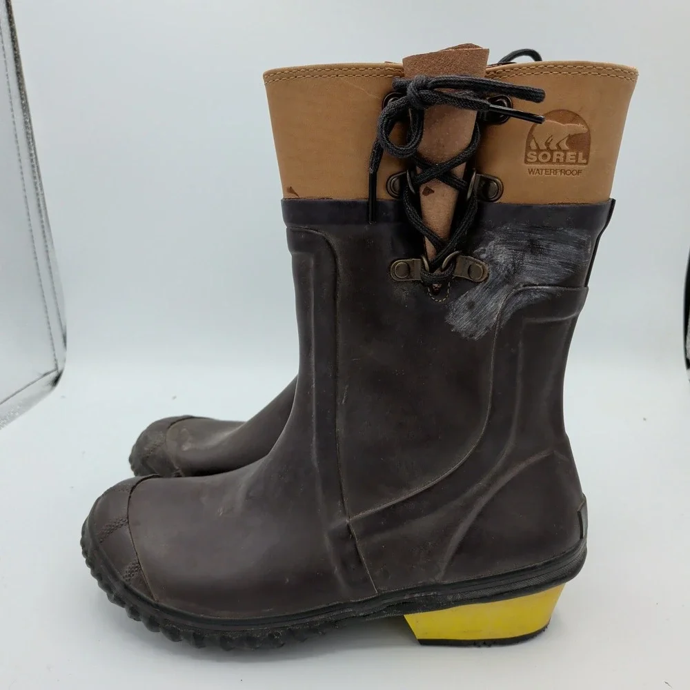 Sorel Conquest Carly Glow Womens‎ 6 Waterproof Rubber Leather Rain Boots Brown